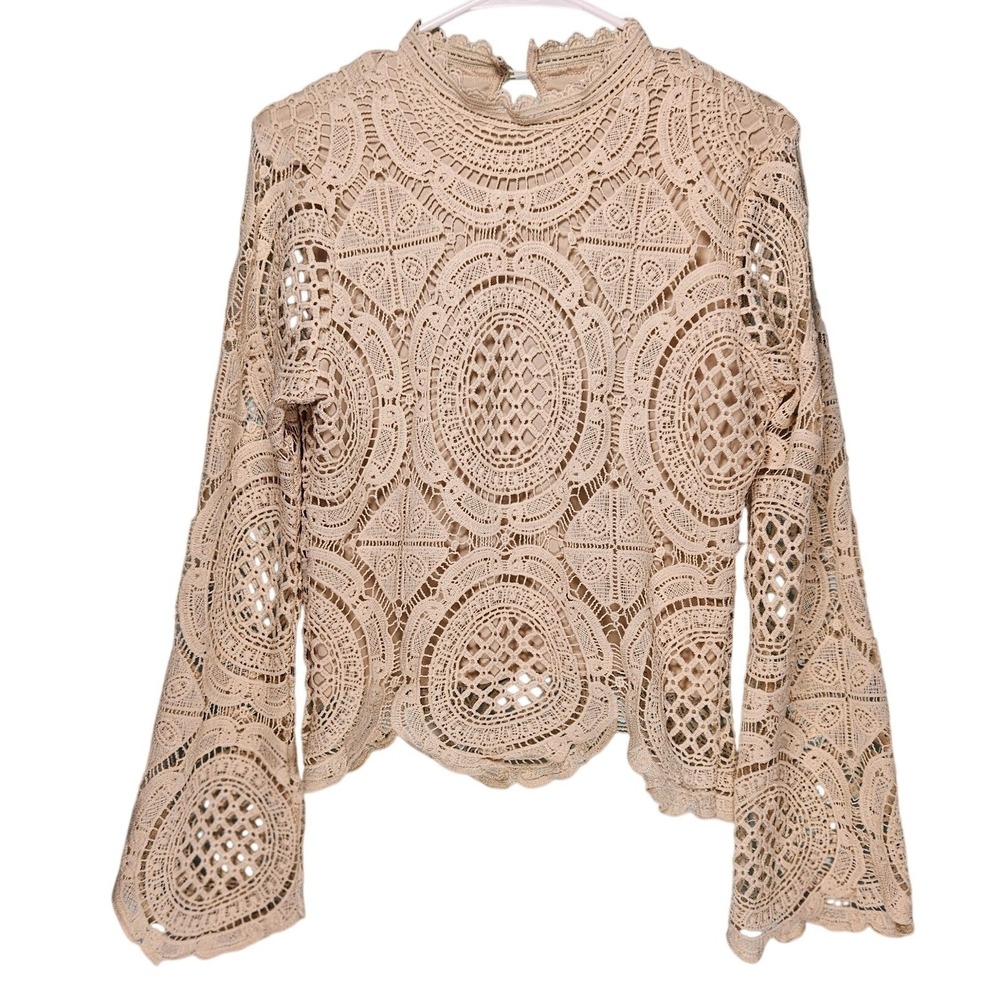 Ultra Pink Boho Beige Crochet Lace Bell Sleeve Mock Neck Blouse Women M Coquette